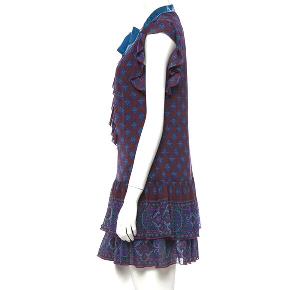 ANNA SUI FW09 Medallion Print Ruffle Tier Silk Blend Mini Dress Velvet Trim 6 - Picture 3 of 7